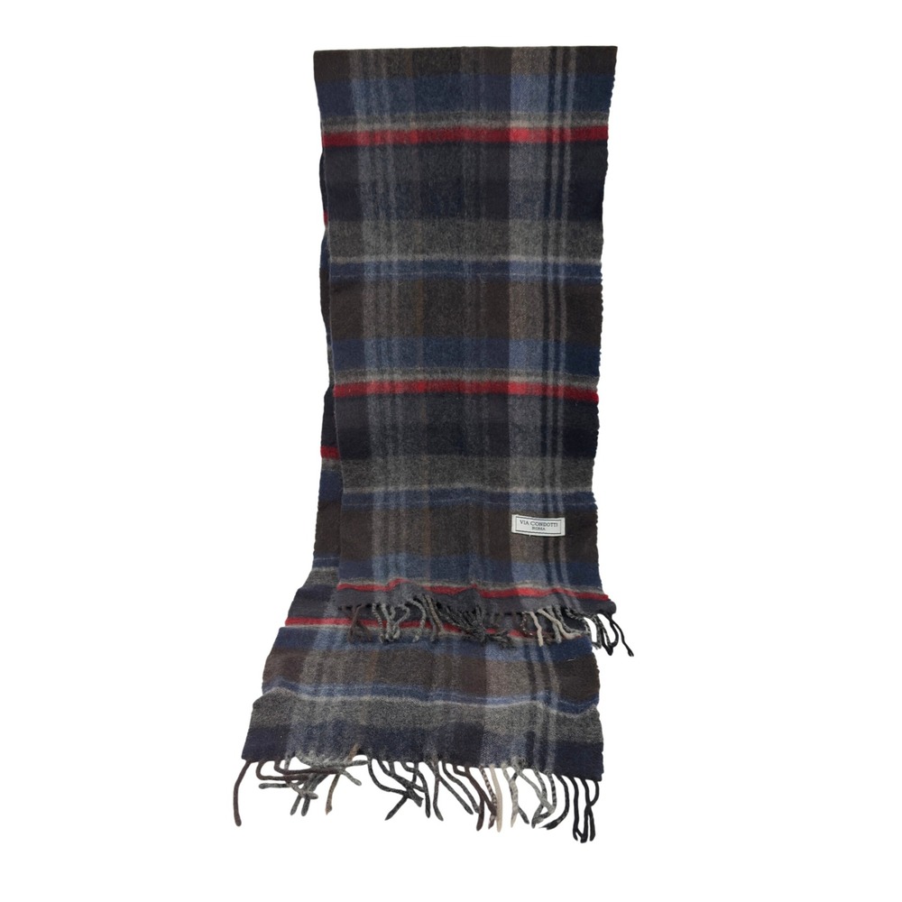VIA CONDOTTI Roma Plaid Tartan Brown/Blue/Grey/Red Wool Fringe Scarf 57"x11.5"